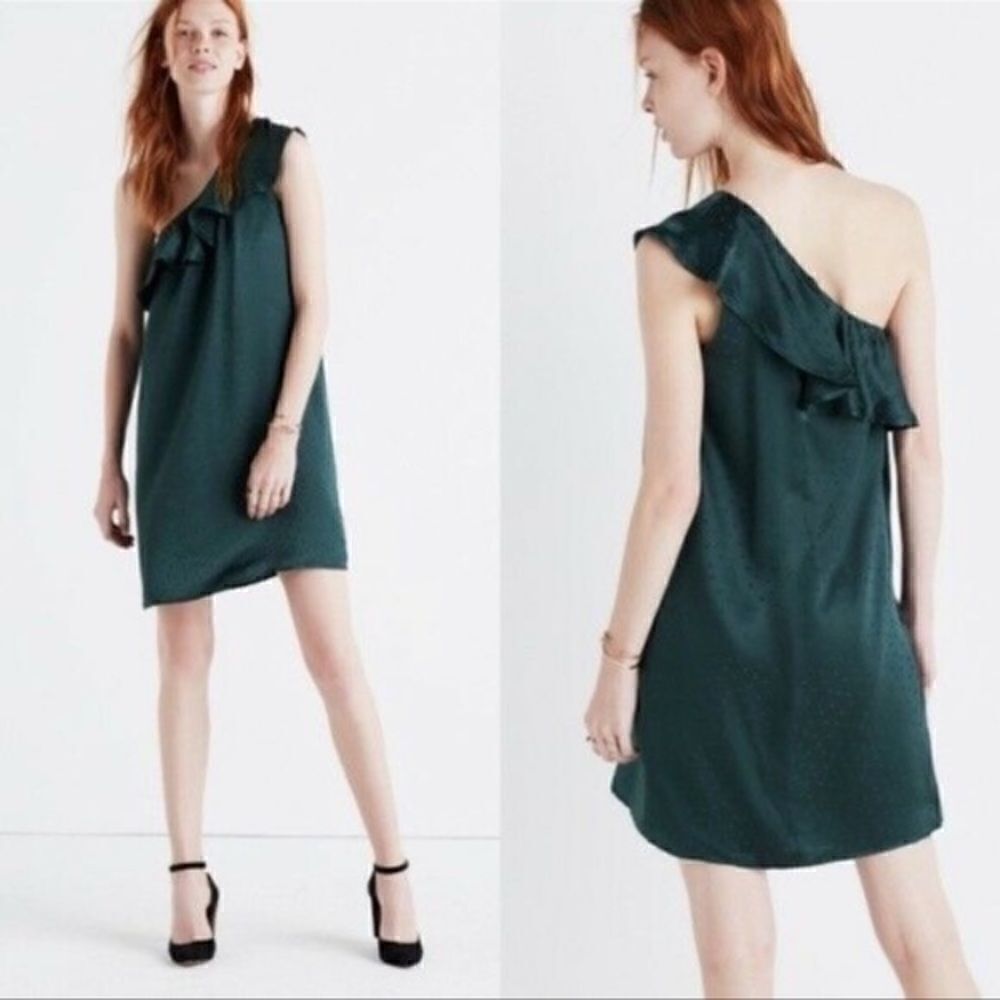 Madewell Silk One Shoulder Ruffle Dress Green NWT Size 0
